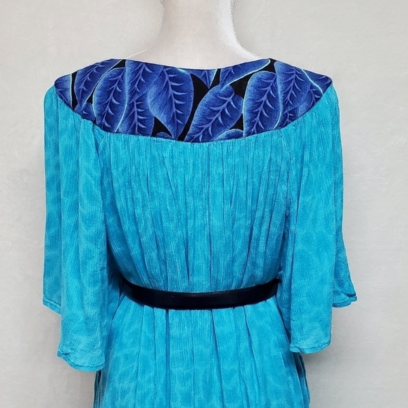 VINTAGE Aqua Blue Tropical Palm Leaf Flutter Sleeve Belted Pocket Dress Mumu - Picture 13 of 15